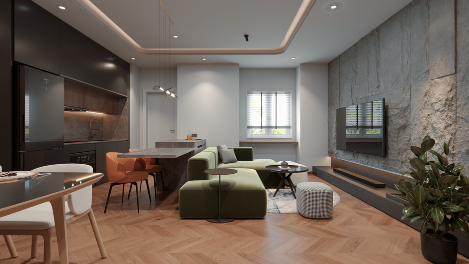 Elegant open-plan living room with green sofa and stylish kitchen setup, featuring natural light.