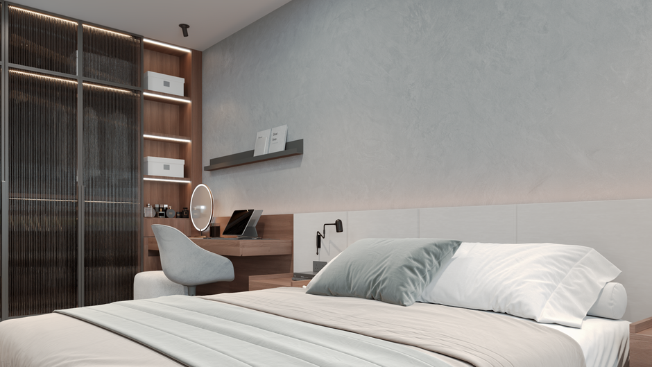 Contemporary bedroom featuring a minimalist desk and elegant decor.
