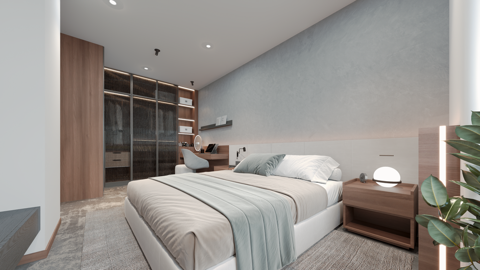 A serene modern bedroom with sleek minimalist design and calming neutral tones.
